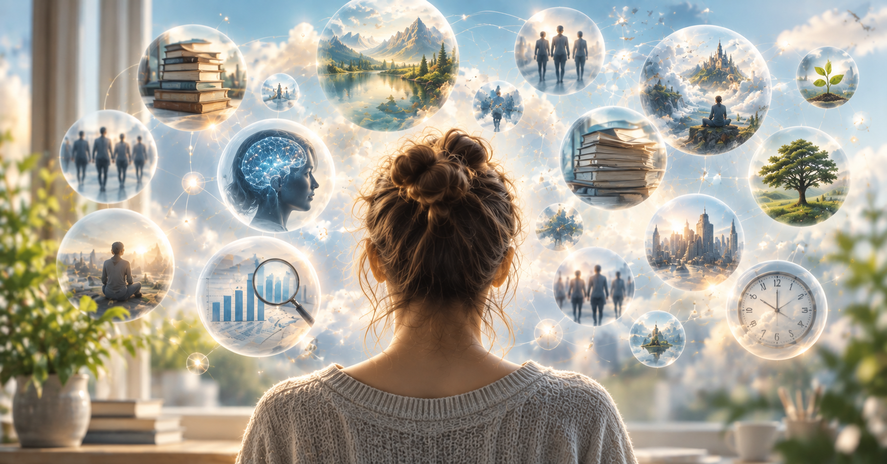 Surreal illustration of a woman surrounded by interconnected images representing research findings and experiences.