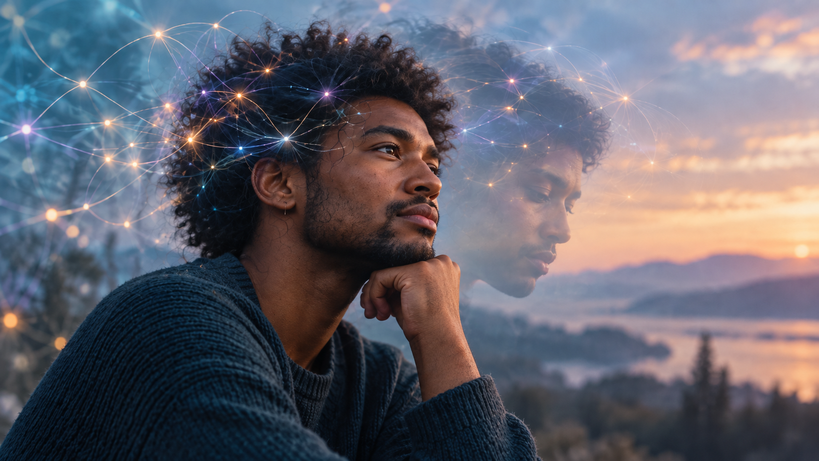 Man in profile with a faint overlapping silhouette and abstract neural-network lights, illustrating dissociation and brain connectivity.